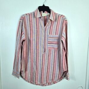 Maeve Anthropologie Lida Pink Tan Striped Long Sleeve Linen Button Up Blouse XS